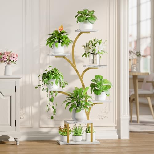 Image of BACEKOLL Plant Stand Indoor with Grow Lights, 7 Tiered Indoor Plant Shelf, 49 inch Corner Plant Stands for Indoor Plants, Metal Plant Flower Display Shelf, Tree-Shaped Plant Rack for Home, Faux Marble