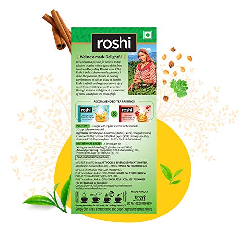 Image of Roshi SimplySlim Green Tea for Weightloss | 25 Teabags | Slimming Tea with Goodness of Lemongrass and Cinnamon for your Belly Fat loss & Fitness regime (Pack of 3)