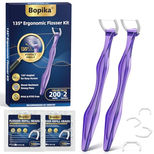 Bopika 135° Angled Flossers, Long Handle Dental Floss Picks for Deep Reach Back Teeth & Tight Spaces, Starter Kit with 2 Reusable Handles & 200 Twist-to-Lock Replacement Heads, Purple