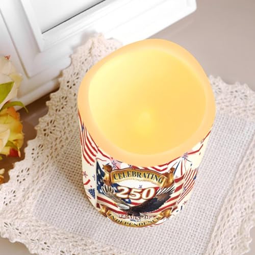 Image of Independence Day Flameless LED Candles Patriotic Floral Design Warm Lamp America 250th Battery Operated Flickering Timer Candle Aesthetic Cozy Minimalist Home Decor, 4 Pack