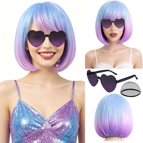 Image of PLULON Blue Purple Ombre Bob Wig with Bangs, Colorful Short Funny Bob Wigs with Heart Sunglasses Hair Cap Cosplay Hairpieces for Halloween Costume Party Heat Temperature Synthetic Fiber for Women Men
