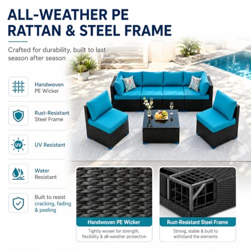 Image of 7 Piece Outdoor Sectional Outdoor Patio Furniture Set, Outdoor Patio Furniture Set with Coffee Table, Sectional Couch Sofa with Cushions, Wicker Outdoor Conversation Set for Backyard & Garden, Blue