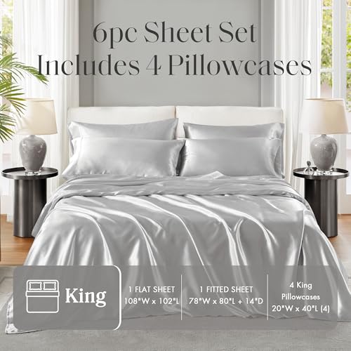 Image of Madison Park Essentials Satin Sheets King Size Bed Set, 6 Piece, Light Grey | Luxury and Smooth Silky Bedding with Natural Sheen, All Around Elastic 14 inch Pocket fits up to 16 inch Mattress, Year-Round Cozy