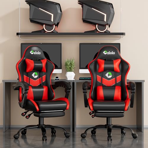 Image of Czlolo Gaming Chair with Footrest Racing Style Lumbar Support Massager Video Game Chair with Metal Legs, High Back Gamer Chair with Headrest, 360 Swivel Office Computer Desk Chair, Cherry Red
