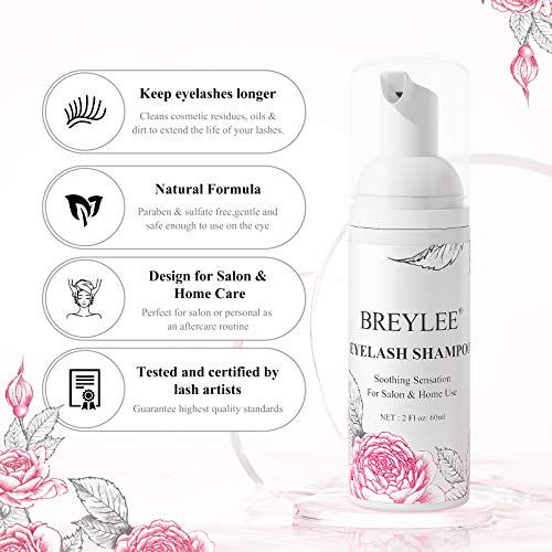 Wimpernshampoo für Wimpernverlängerung, BREYLEE Wimpernshampoo Wimpernpflege mit 2 Mascara-Bürsten Augen Make-Up Entferner Wimpernschuam für Salon und Heimgebrauch (60 ml, 2 fl oz)