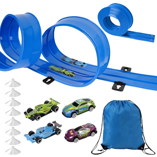 Rennbahn Kinder 3 Jahre, Cars Spielzeug, Autorennbahn (4.5 m), Autobahn Kinder 3 4 5 6 Jahre, mit 4 Leichtmetallfahrzeuge Aufbewahrungstasch, Geschenke f&uuml;r Jungen und M&auml;dchen, Blau