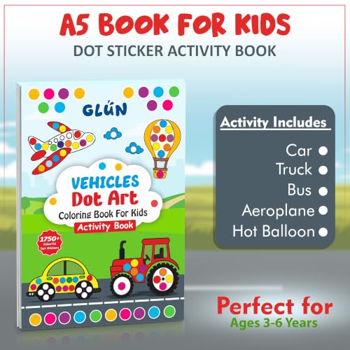 Image of GLUN Vehicles Dot Art Sticker Activity Book, 28 Pages for Kids 3-6 Years | 1750+ Colorful Stickers | Cars, Trucks, Letter Recognition & Fine Motor Skills Activities