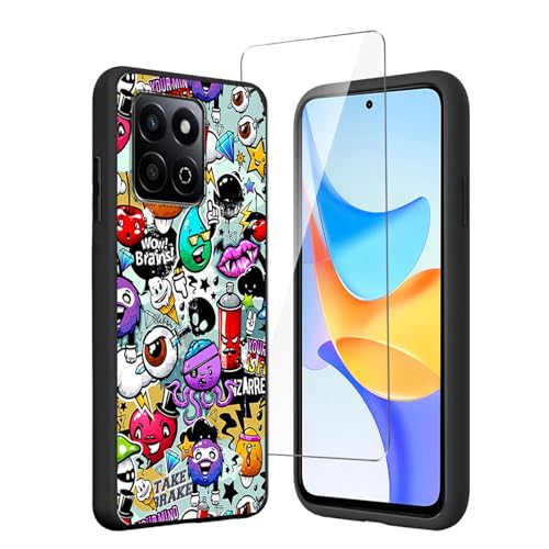 LYZXMY Case for Honor 200 Smart 5G / Honor X7c (6.77) + Tempered Film Glass Screen Protector - Black Silicone Soft TPU Cover Shell - Monster