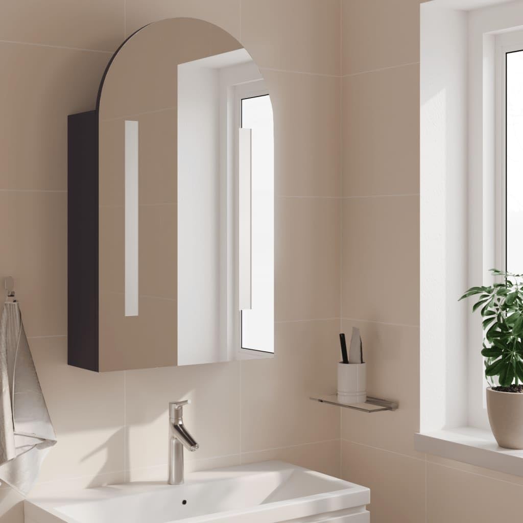 Armoire de salle de bain avec miroir, éclairage LED, bombée grise, 42 x 13 x 70 cm, en matériau dérivé du bois, avec étagères, montage mural pour salle de bain