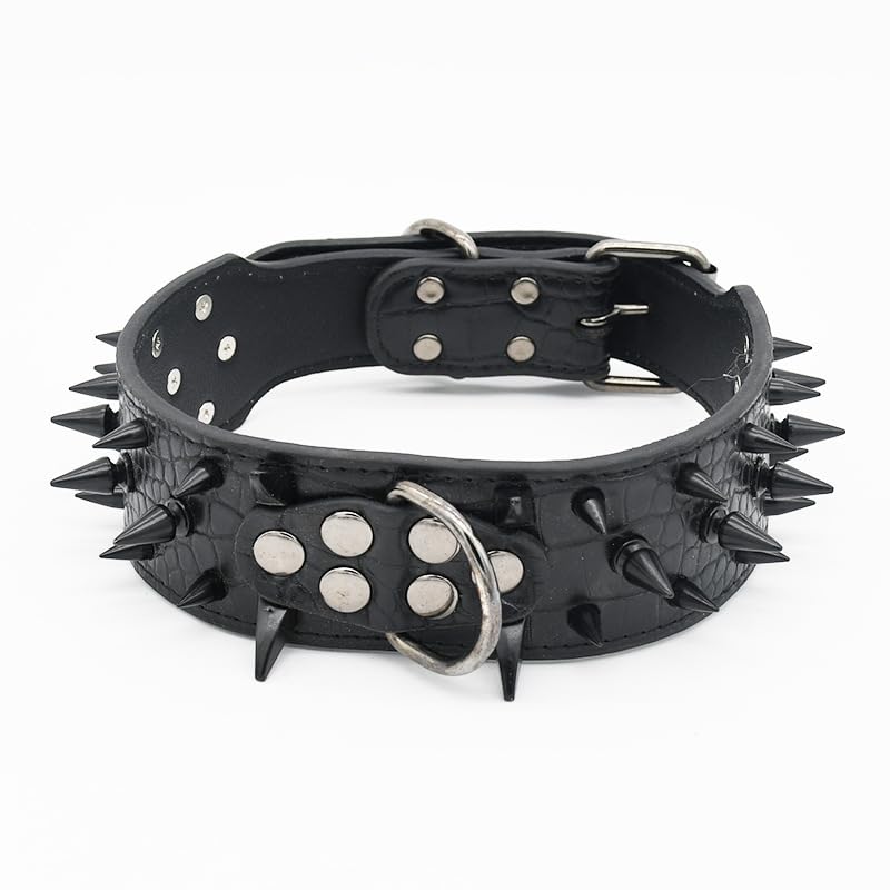 Collier de chien large en cuir noir avec pointes punk rock pour grand molosse