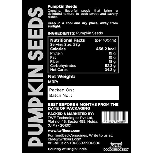Image of TWF Virgin Pumpkin Seeds | 200g | AAA Grade Seeds for Eating | High Protein, Fibre & Magnesium | Raw | Unroasted | Unsalted | Highest Natural Potency | Resealable Pack | Healthy Diet Snacks