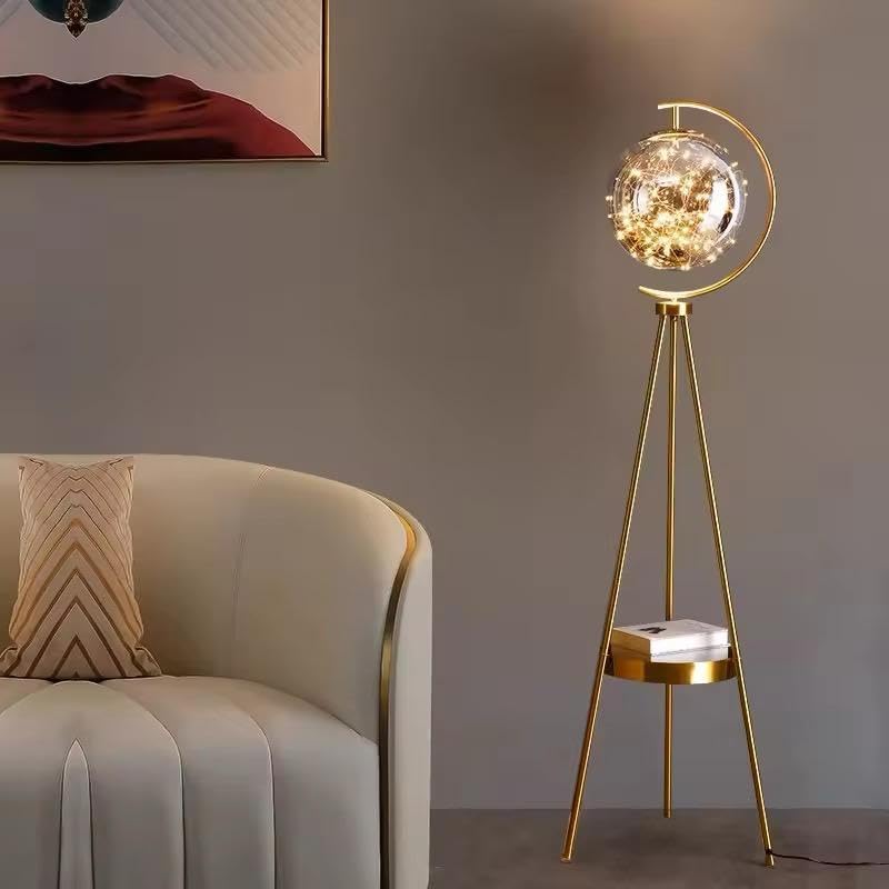 Image of blissbells Modern Tripod Floor Lamp with Glass Globe Shade, LED Fairy Lights, Gold Metal Stand, Storage Tray, 150 cm