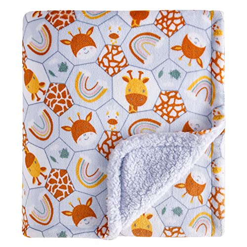 Image of DaysU Plush Flannel Sherpa Baby Blanket for Girls Boys, Portable Reversible Soft Micro Fleece Baby Crib Throw Blanket with Animal Print for Newborn and Nursery, Giraffe, 30"x40"