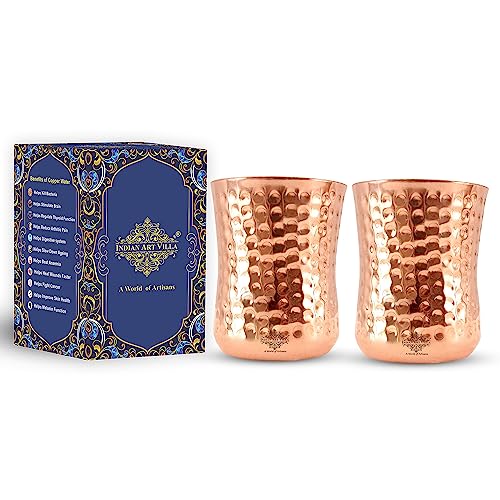 INDIAN ART VILLA Steel Copper Hammered Glass Goblet 250 ML – Drinkware Home Hotel Restaurant Good Health Benefit Yoga, Set of 2