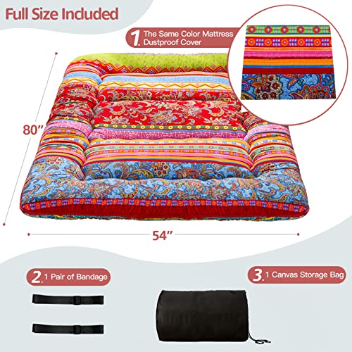 Image of MAXYOYO Bohemian Retro Floor Mattress Vintage Floral Japanese Futon Mattress Roll Up Thicken Sleeping Bed Portable Camping Mattress Floor Lounger Couch Bed Mattress Pad, Full Size