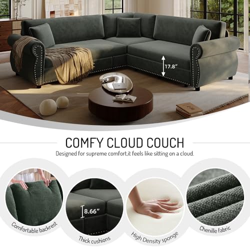 Image of KCGKCG 88.2 inch Sleeper Sofa Bed, Sectional Couches for Living Room /Apartment, Chenille L Shaped Couch with Pull Out Couch Bed, Convertible Sectional Sofa with Rolled Arm & Nailhead Trim, Green