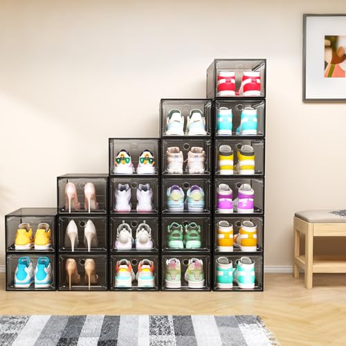 Image of ARSTPEOE 12 Pack Upgrade Harder Shoe Organizer, Shoe Storage with Magnetic Front Door, Clear Shoe Boxes Foldable Space-Saving Shoe Rack for Sneaker Boot Container, Black