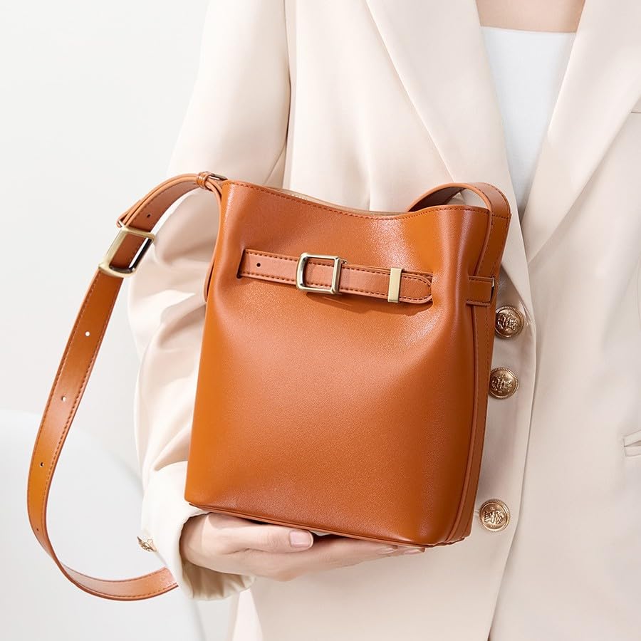 22x9x18cm Retro Leder Damen Tasche,Leder Schulter- Umhängetasche,Stilvolle Eimer-Tasche (Für tägliche Essentials wie Makeup-Spiegel,Handy)