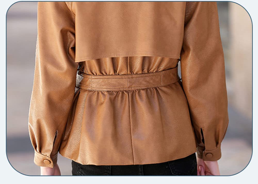 Chaqueta Mujer Primavera,Gabardina Corta De Piel Sintética Para Mujer, Chaqueta Marrón Con Broche De Solapa Y Cinturón, Moda De Manga Larga, Ajustado, Moto Biker, Abrigo De Pu, Bombardero, Prenda