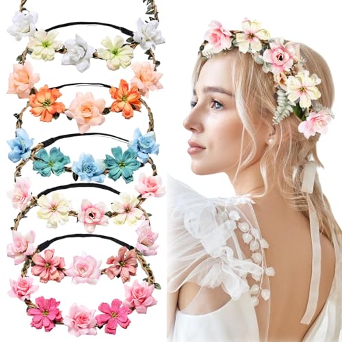 Ylapagne Crown for Girls & Women, Pink Headband & Headpiece for Weddings, Bridesmaids, Flower Girls, Tea Party, Bavarian Festival, Boho Floral Hair Accessories, 6 PCS