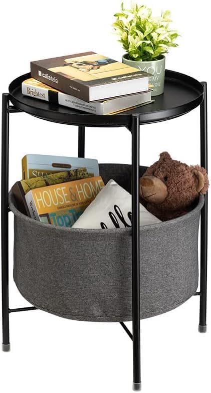 LOOKMINT Round End Tables with Fabric Storage Basket, Metal Side Table Small Bedside Table with Removable Tray Top for Living Room, Bedroom, Nursery, Laundry || Black