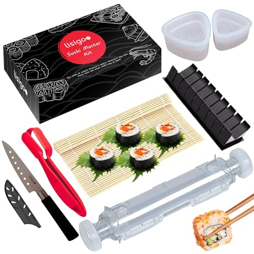 lisigoo Kit sushi complet - Sushi maker - Appareil pour fabrication sushi - Coffret avec natte en bambou, couteau japonais, moule onigiri, moule sushi, moule maki -...