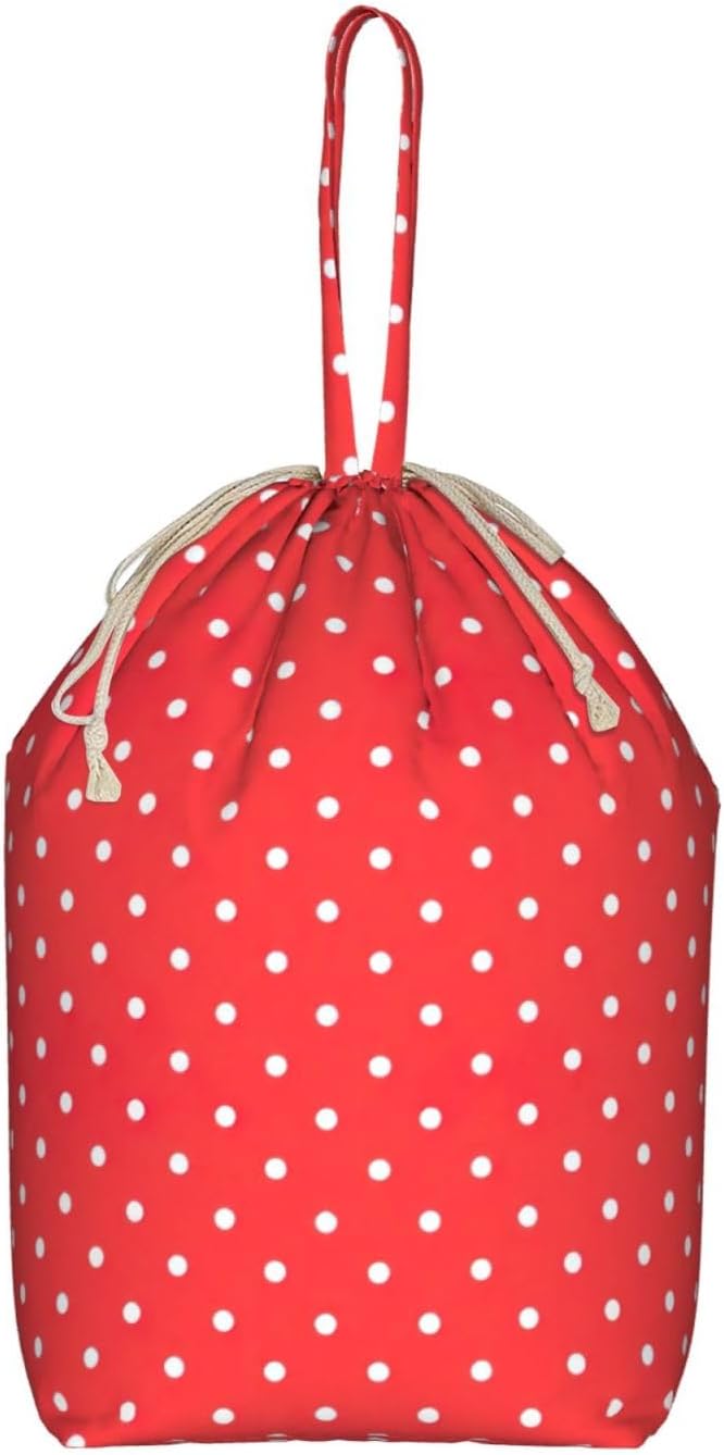 Oxford Red And White Polka Dots Print Large-capacity drawstring laundry bag with Handles for Dorm,Hotel
