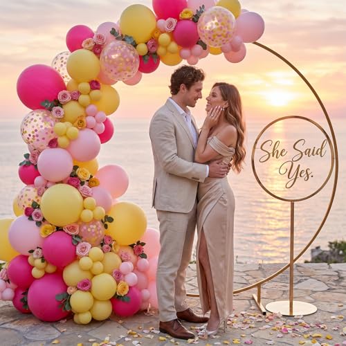 Image of Pink and Yellow Balloon, 12 Inch Hot Pink Yellow Confetti Latex Balloons | with Ribbon Peach Color Theme Party Decorations for Birthday Baby Shower Engagement Decorations