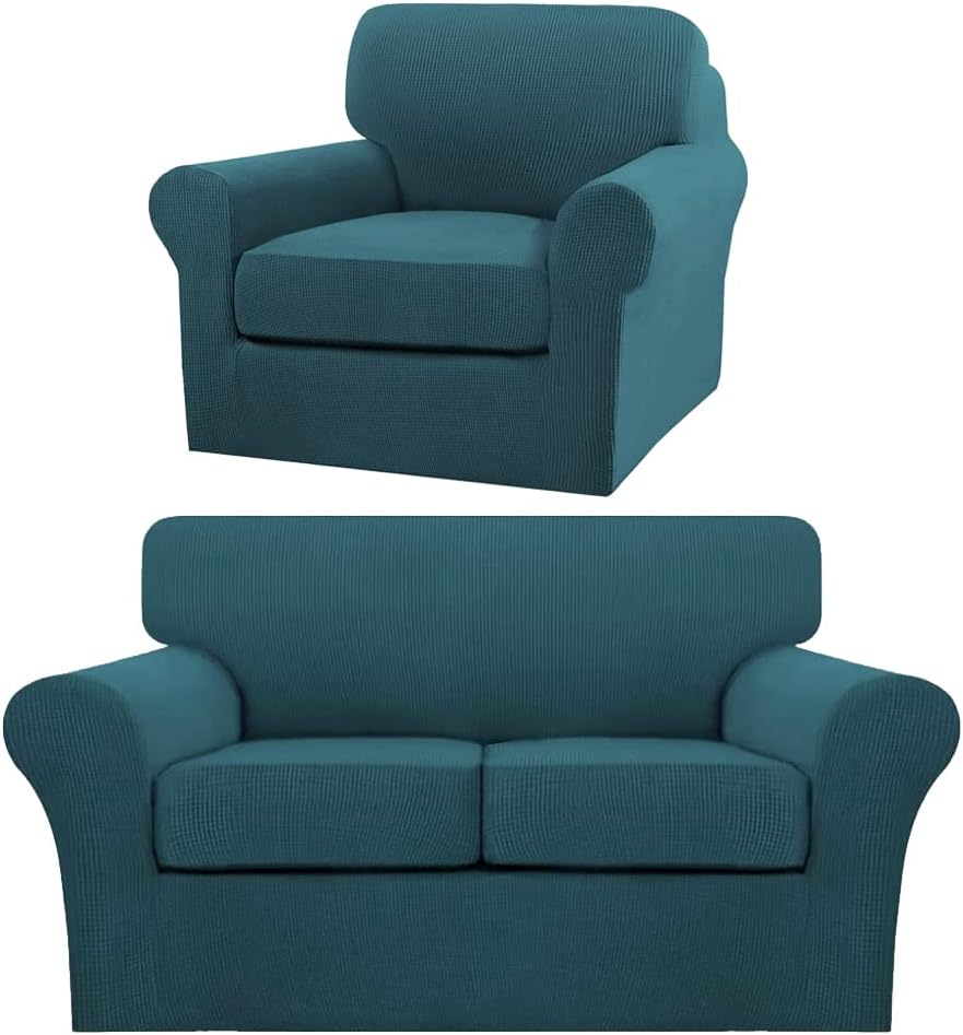 Turquoize 3 Pieces Sofa Covers for 2 Individual Cushion Couch Sofa Slipcover Bundle 2 Pieces Chair Slipcover, Deep Teal