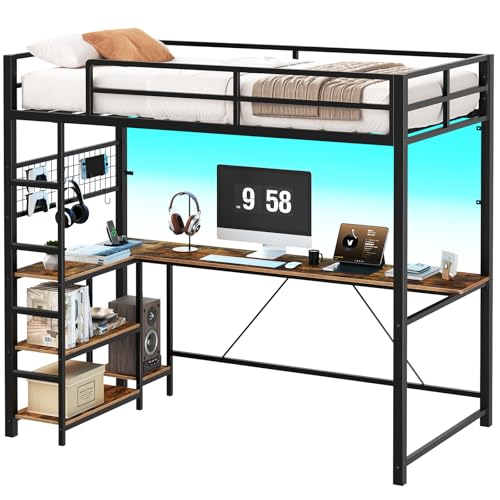 HOOBRO Twin Loft Bed with Desk Lights & Charging