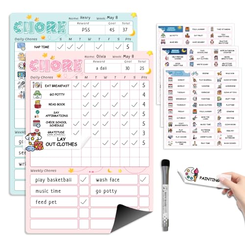 Magnetic Kids Chore Chart for 2 Kids Blue & Pink, Dry...