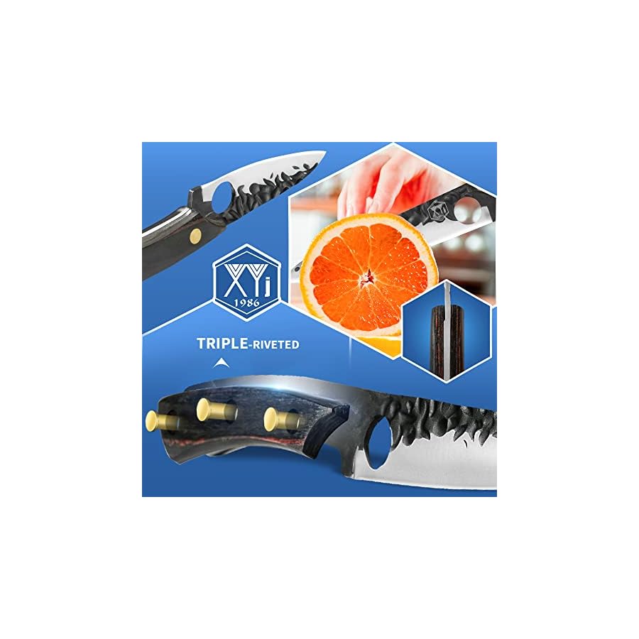 Authentic-XYJ-Since-19866pcs-Boning-Knife-Set-With-Roll-Bag-Sharpening-RodWhetstoneForged-Hammer-Carving-KnifeDeba-KnifeGyutou-knifeKitchen-Outdoor-Cutlery-Knife-SetFull-TangHigh-Carbon-Steel XYJ Professional Kitchen Knife Set with High-Carbon Steel Forged Blades, Chef's Knife, Cleaver, Carving Knife, Nakiri, Full Tang Design, Includes Carrying Bag & Poultry Scissors