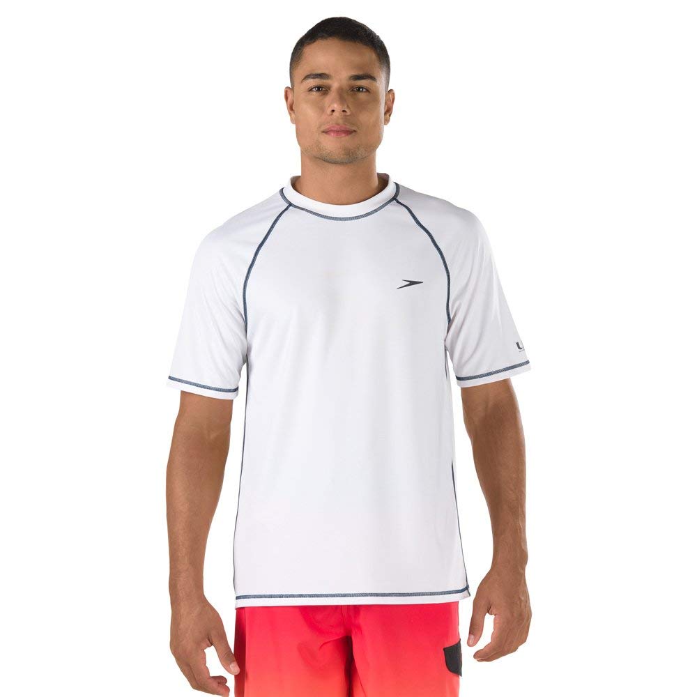 Speedo Camiseta de natación UV de Manga Corta y Ajuste Holgado Camisa de protección de Sarpullido, Blanco, L para Hombre