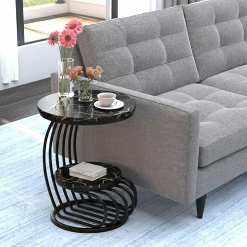 Image of Modern Designer Side Table with Dual Wooden Shelves | Heavy-Duty Metal Frame End Table for Living Room, Bedroom & Sofa Side Use (Black)