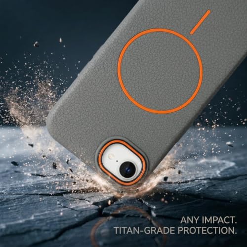 Image of amazon basics Luxury MagSafe Compatible Leather Texture Back Cover for iPhone 17E | Raised Camera Protection | Slim Fit Shockproof Case with Metallic Accents (Gray)