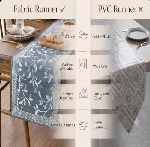 Image of Premium Embroidered Dining Table Runner 6 Seater | Washable Heat Resistant Fabric | Cotton-Silk Blend | Fits 4 & 8 Seater Dining Table | Centre Table Decor | 13 x 72 Inch | Steel-Blue