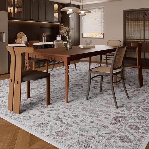 Vintage 9x12 Washable Area Rug, Low-Profile Large Area Rug with Non-Slip Backing & Durable Edge Binding, Pet-Friendly Carpet, Large Rug for Living Room, Bedroom & Dinning Room