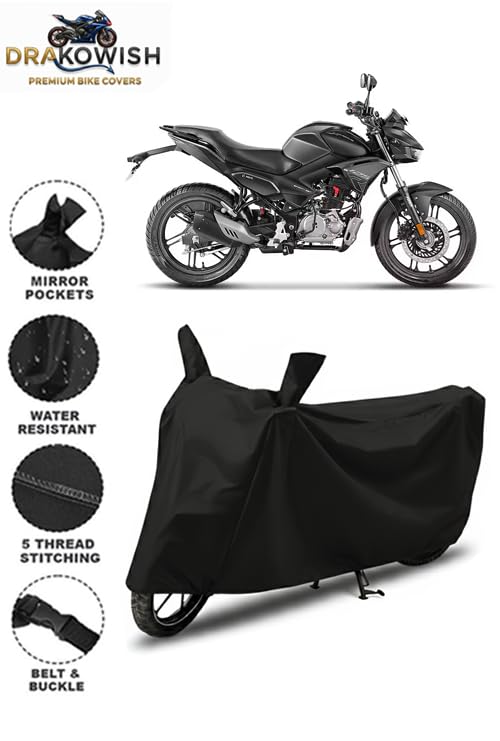 Image of DRAKOWISH Waterproof Bike Cover for Hero Hero Xtreme 125R | All Weather Protection from Rain, Dust, UV Rays & Scratches with Mirror Pockets & Buckle Belt | Xtreme 125R Bike Cover