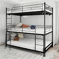 Metal Triple Bunk Bed,Twin Over Twin Bunk Bed for 3, 3 Beds with Guardrail & Ladder, Heavy Duty Triple Bed Frame for Kids Teenagers/Adults, Converts to 3 Separate Twin Beds, No Box Spring Needed