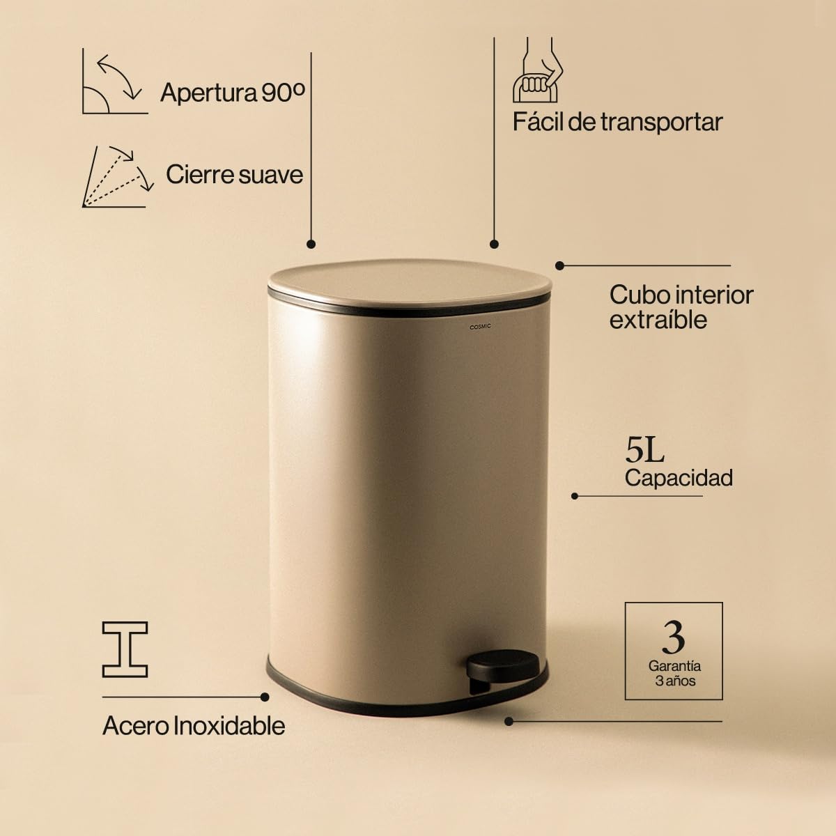 COSMIC Essentials Papelera de Baño y Cocina Con Sistema de Pedal de Diseño Circular y 5L de Capacidad. Cubo de Basura Pequeño Con Tapa para Aseo de Color Arena