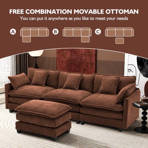 Image of Ihanherry 111.4 inch L Shaped Modern Sofa Modular Sectional Luxurious and Comfortable with Ottoman, 4-Seat Chenille Deep Seat Sofa with Pillow for Living Room, Bedroom and Apartment, Brick Red