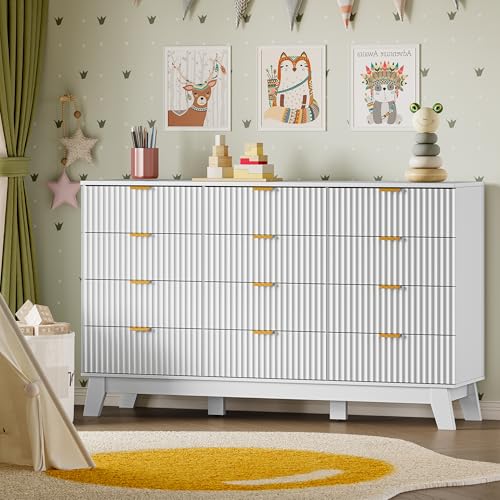 Image of BORNOON 57 inch Wide Dresser for Bedroom, 12-Drawer Fluted Dresser with Metal Handles, Wood Chest of Drawers with Smooth Slides and Stable Base, Modern Storage Cabinet for Living Room, Nursery