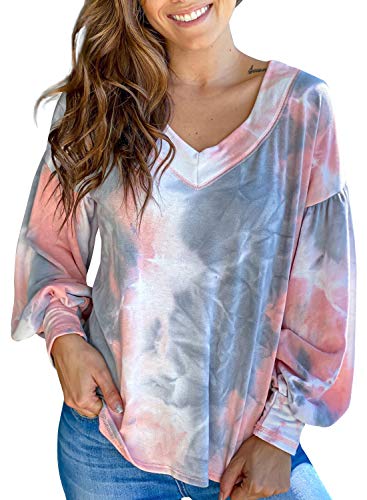 Chase Secret Women Casual V Neck Bubble Sleeve Printed Pullover Loose Tops Sweatshirts Pinl XX-Large