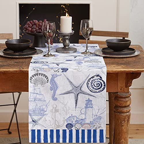 Linen Burlap Dining Table Runner Dresser Scarves Seashells Starfish Lighthouse Seahorse Ocean Coastal Vintage Blue Texture Table Runners for Family, Farm, Party, Table Decor- - Image 3