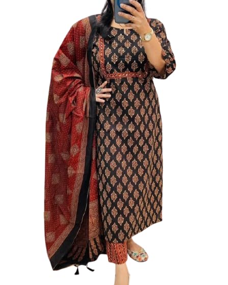 Image of Traditional Ethnic Printed Kurta Palazzo Set with Contrast Dupatta, 3 /4 Sleeves