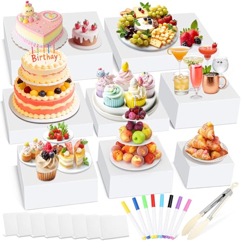 Billbotk 8 Pieces White Buffet Risers with Label Stands Serving Tong and Markers for Party Display Stands for Jewelry Display Home Display Table dcor(12/11/ 10.5 /9.5/ 8.5 /7.5 6.8/ 5)