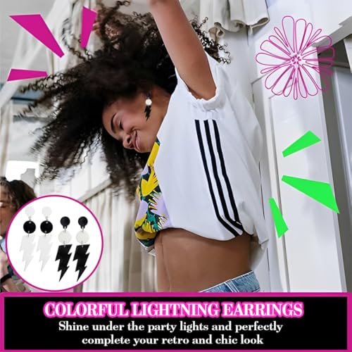 ZORTVUL 2 Paar 80Er 90Er Jahre Blitz Bolzen Ohrringe Retro Acryl Ohrringe 80Er Jahre Vintage Ohrringe Für Mottoparty Kostüm Party Maskerade Frau Mädchen(Weiß, Schwarz)