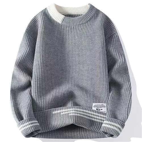 Mens Preppy Style Plus Fleece Thicken Round Neck Sweater Thermal Chic Loose Winter Panelled Knitted Pullovers2