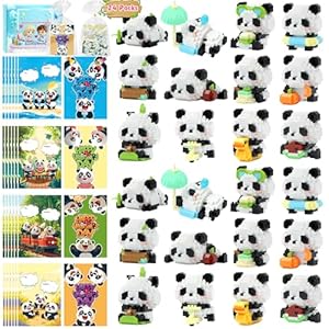 Valentines Day Gifts for Kids Classroom, 24 Pack Valentines Cards with Building Blocks, Valentines Day Cards for Kids School Valentines Party Favors 6+ (Panda)