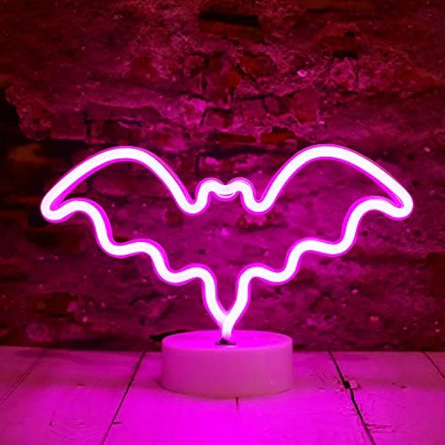 LED Neon Bat Lights Halloween Decorations, Bat Shape Neon Signs Night Lights Battery Operated Desk Table Lamp for Bedroom, Bar, Wall, Spooky Decor-Bat with Holder Base(Pink)